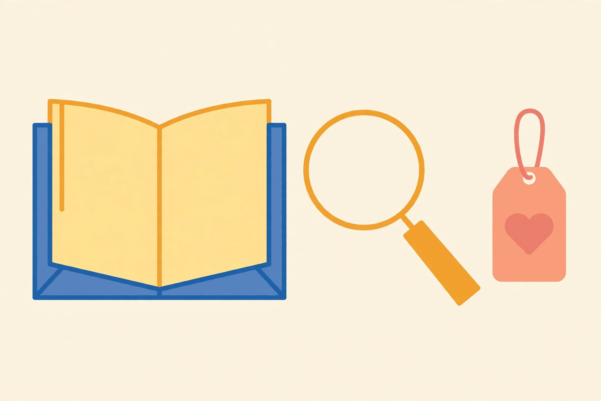 Open book, magnifying glass and a tag with a heart in blue, gold and coral