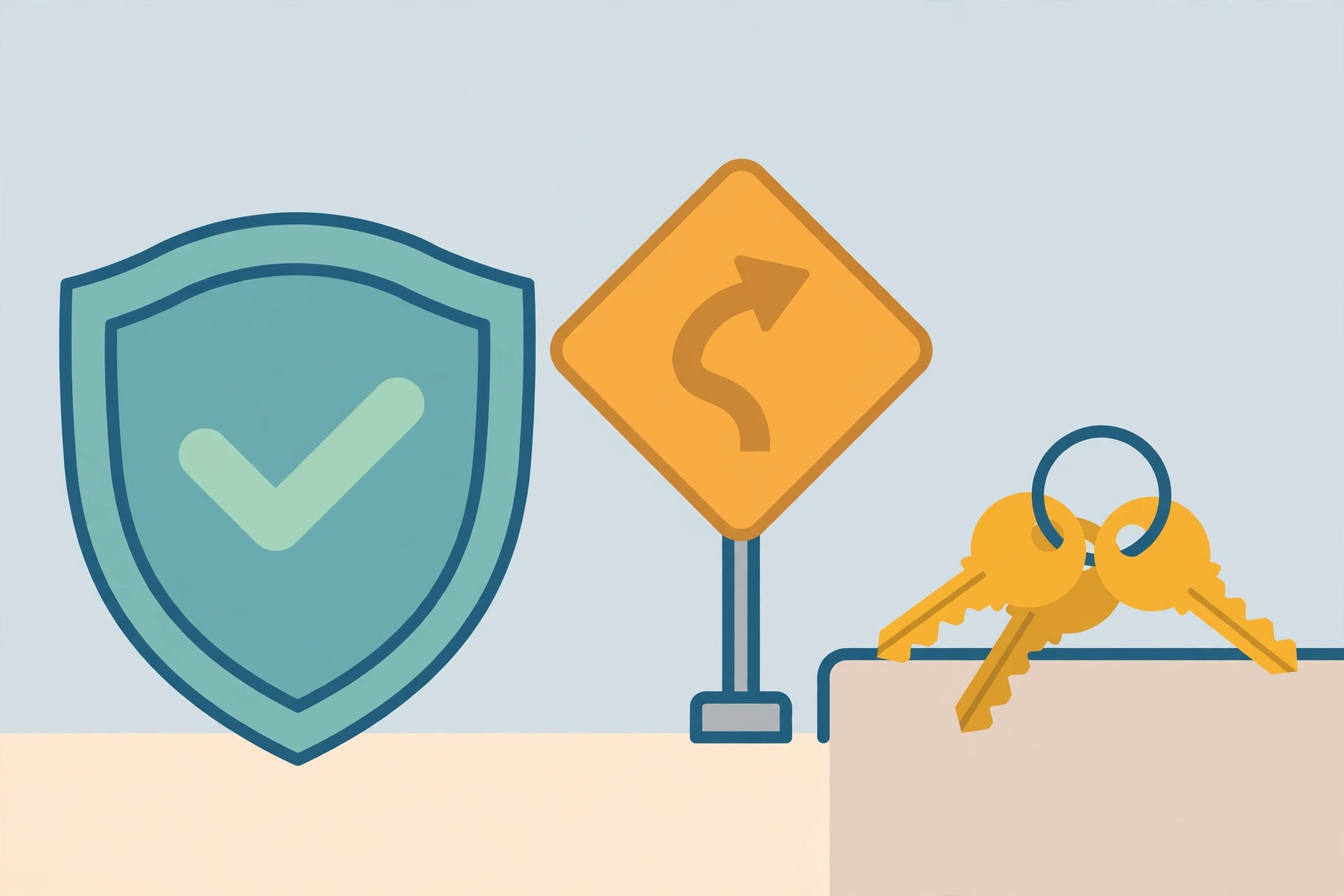 Shield with a checkmark, a winding-road sign and a ring of keys in teal, gold and blue