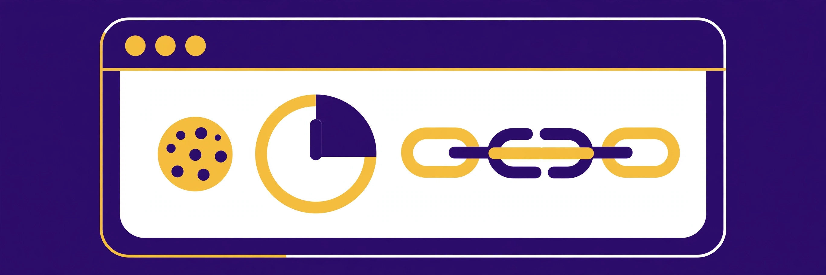 Browser window with a cookie, a countdown timer and a chain link in violet and gold