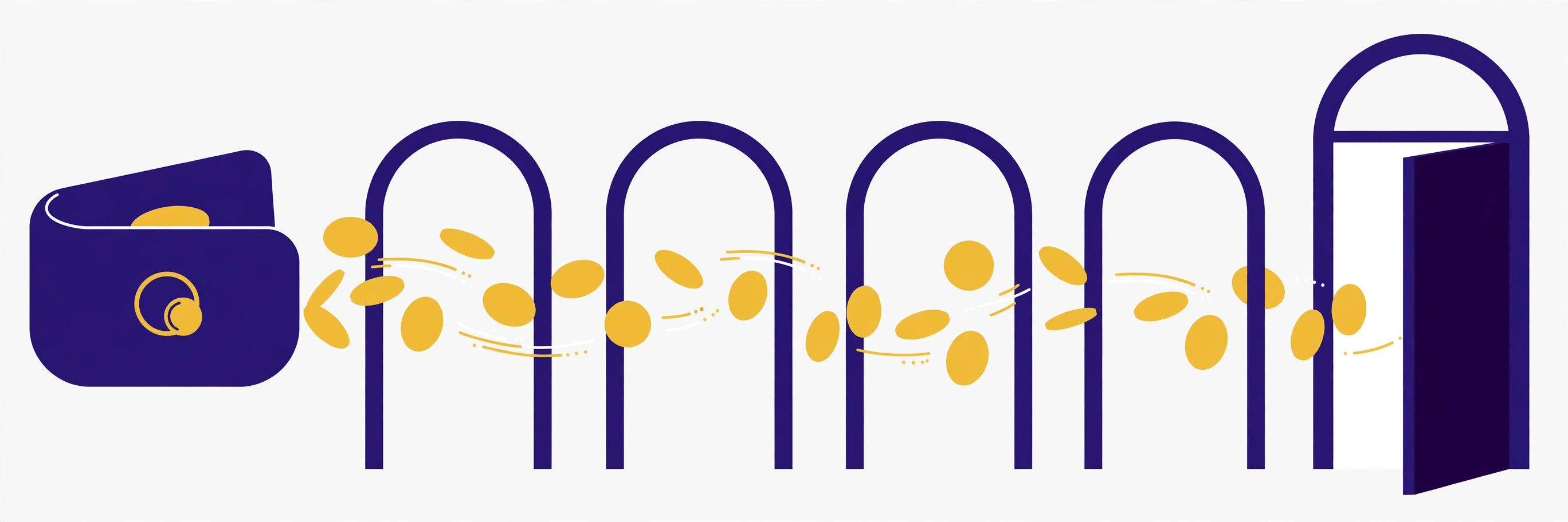 Gold coins flowing from a wallet through a series of gates toward an open door