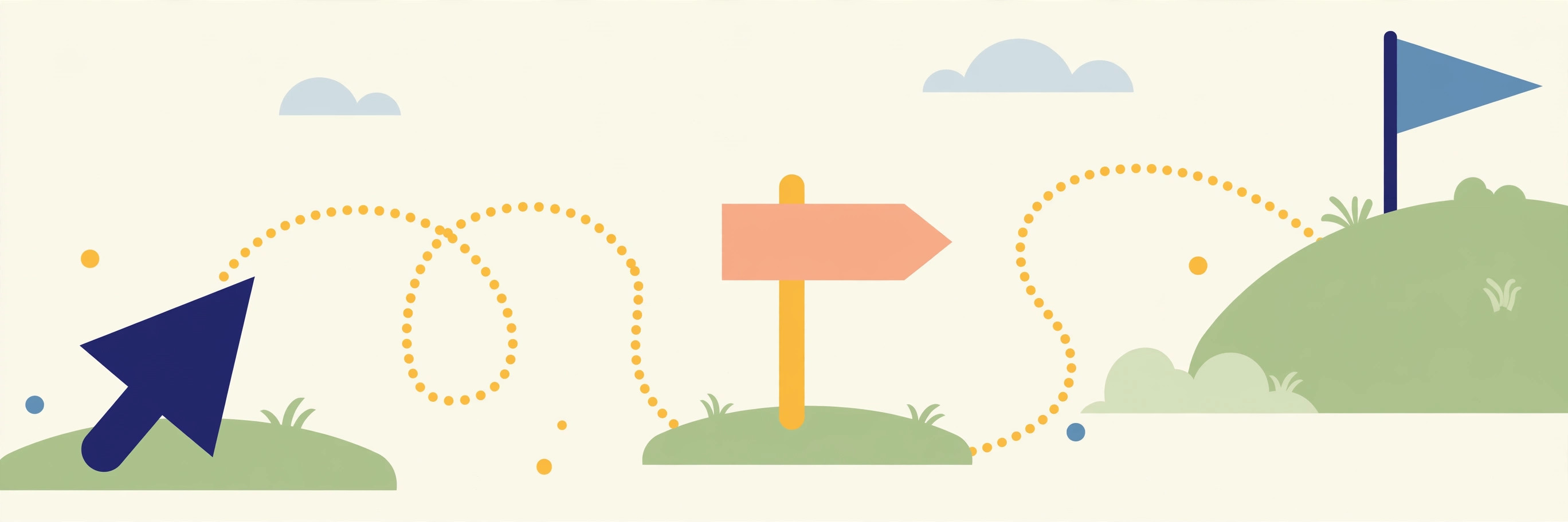 Cursor, dotted path, signpost and flag on a hill in navy, gold and green
