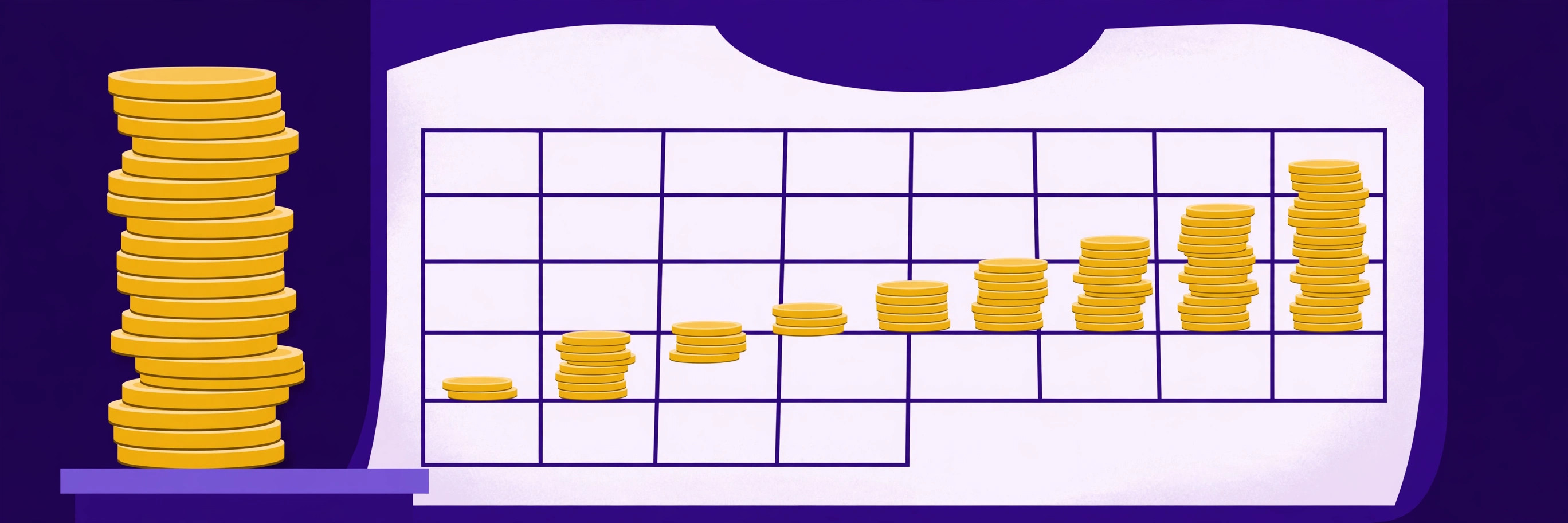 One tall stack of gold coins beside a calendar holding smaller monthly coin stacks